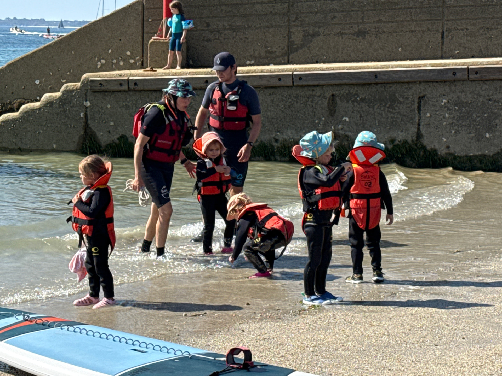 Découverte du milieu marin : enfants en gilets de sauvetage dans l'eau peu profonde avec un moniteur, Presqu'île de Quiberon