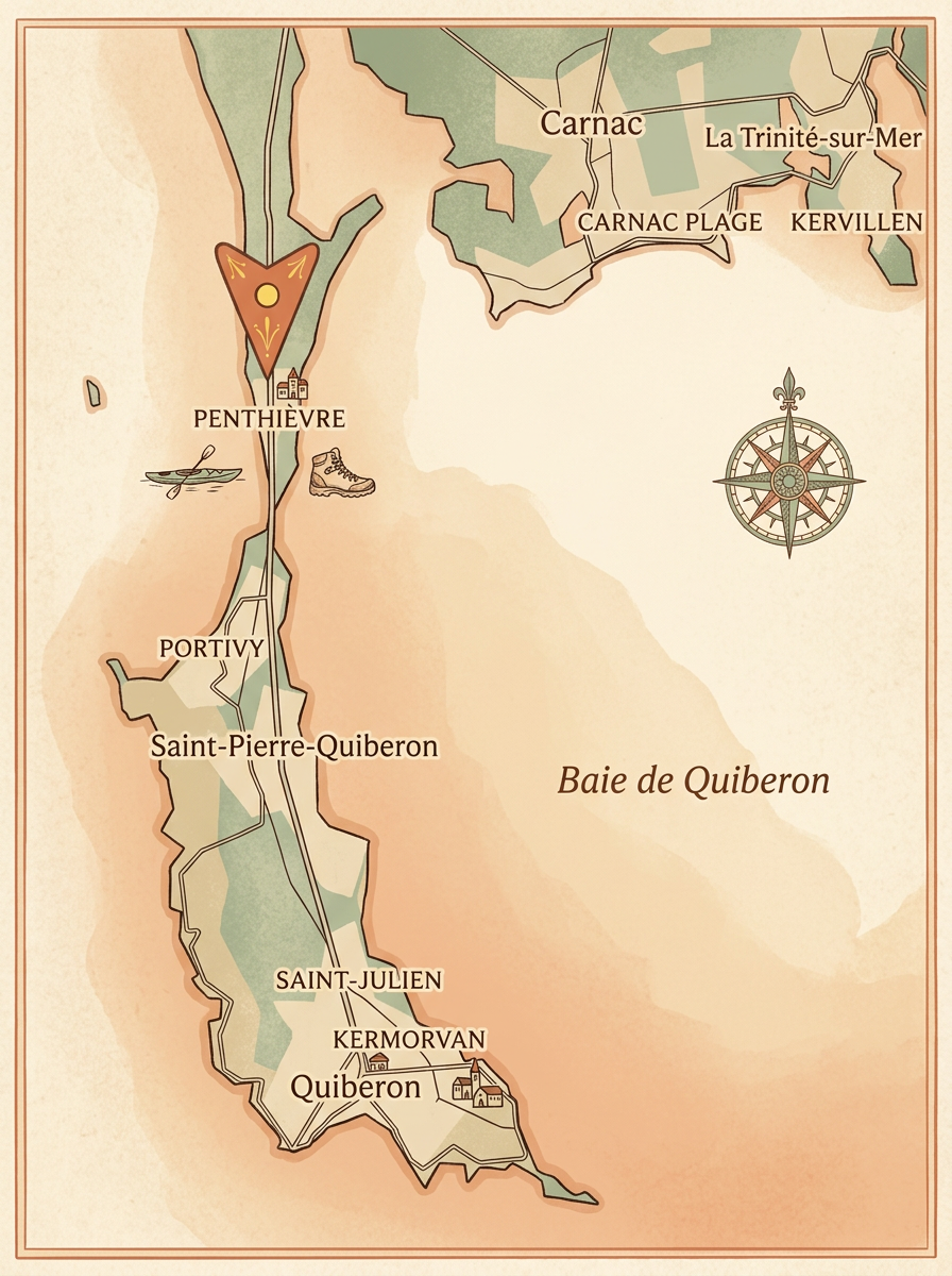 Carte de la Presqu'île de Quiberon situant Terre Mer Aventure entre l'Atlantique et la Baie de Quiberon